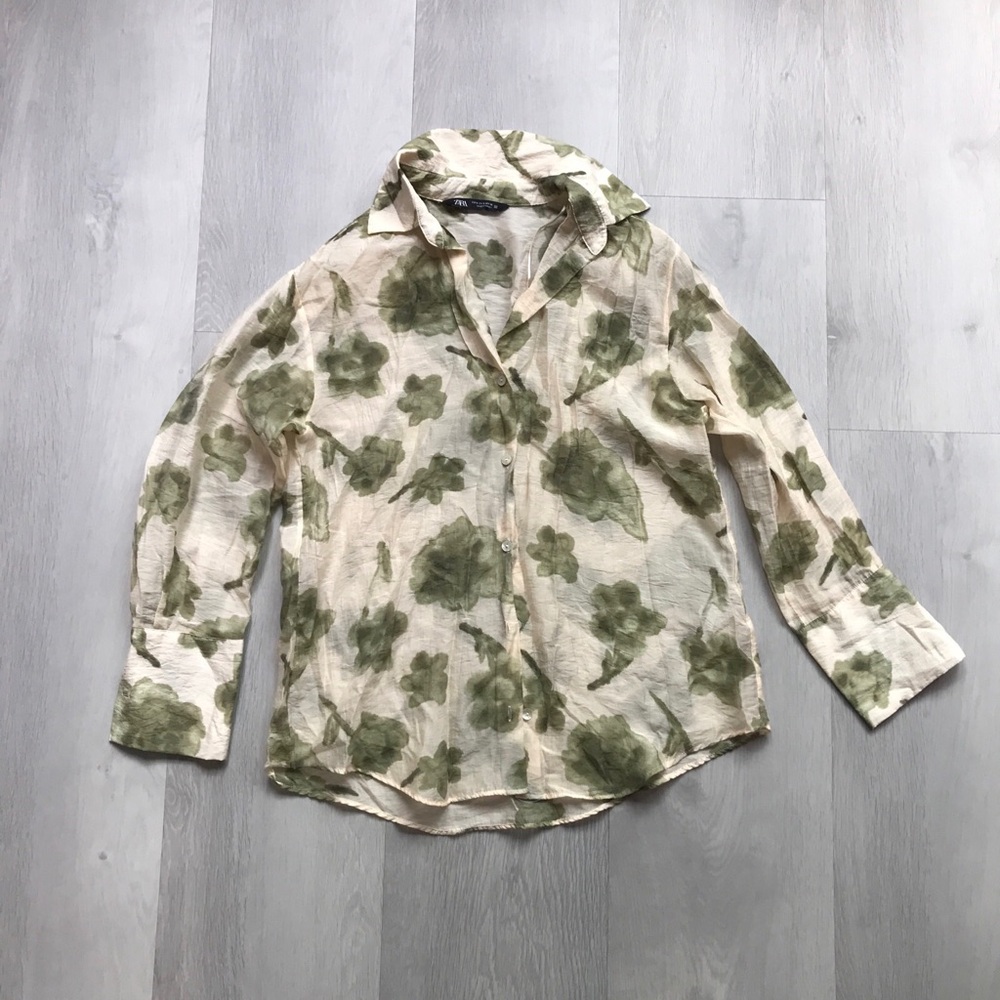 ZARA SEMI SHEER IVORY GREEN FLORAL BLOUSE BUTTON DOWN LONG SLEEVE